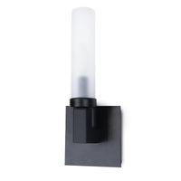 Montecito outdoor sconce with a charcoal backplate and frosted cylindrical glass light cover.