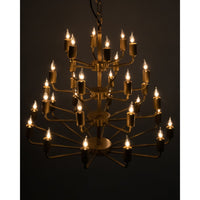 Montoro antique brass chandelier with four tiers of lit bulbs, a modern classic design.