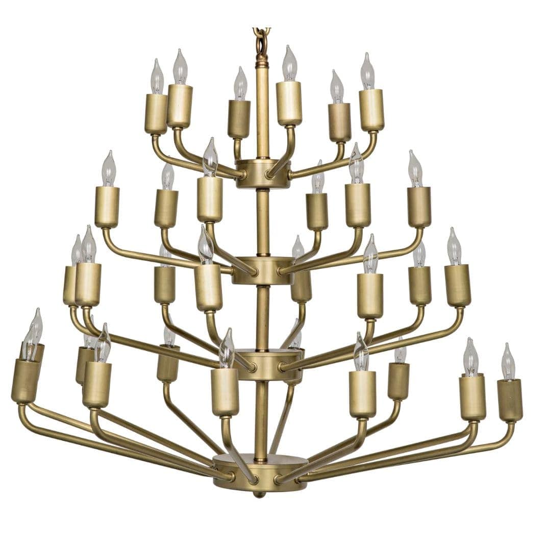 Montoro chandelier with burnished antique brass finish, featuring four tiers of candelabra bulbs.