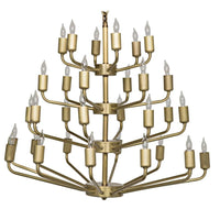 Montoro chandelier with burnished antique brass finish, featuring four tiers of candelabra bulbs.