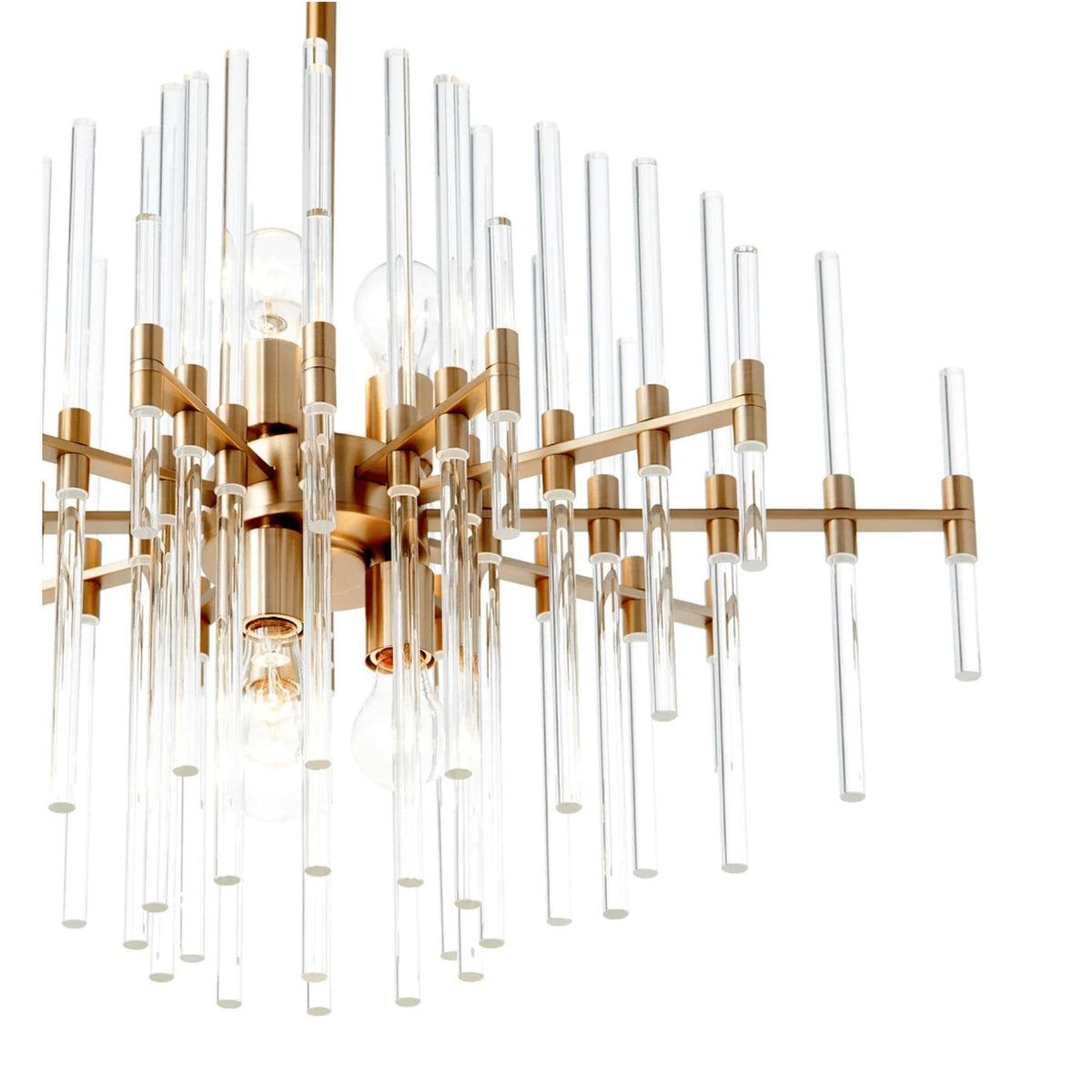 Large Montreal aged brass chandelier with linear design and varying length glass rods.