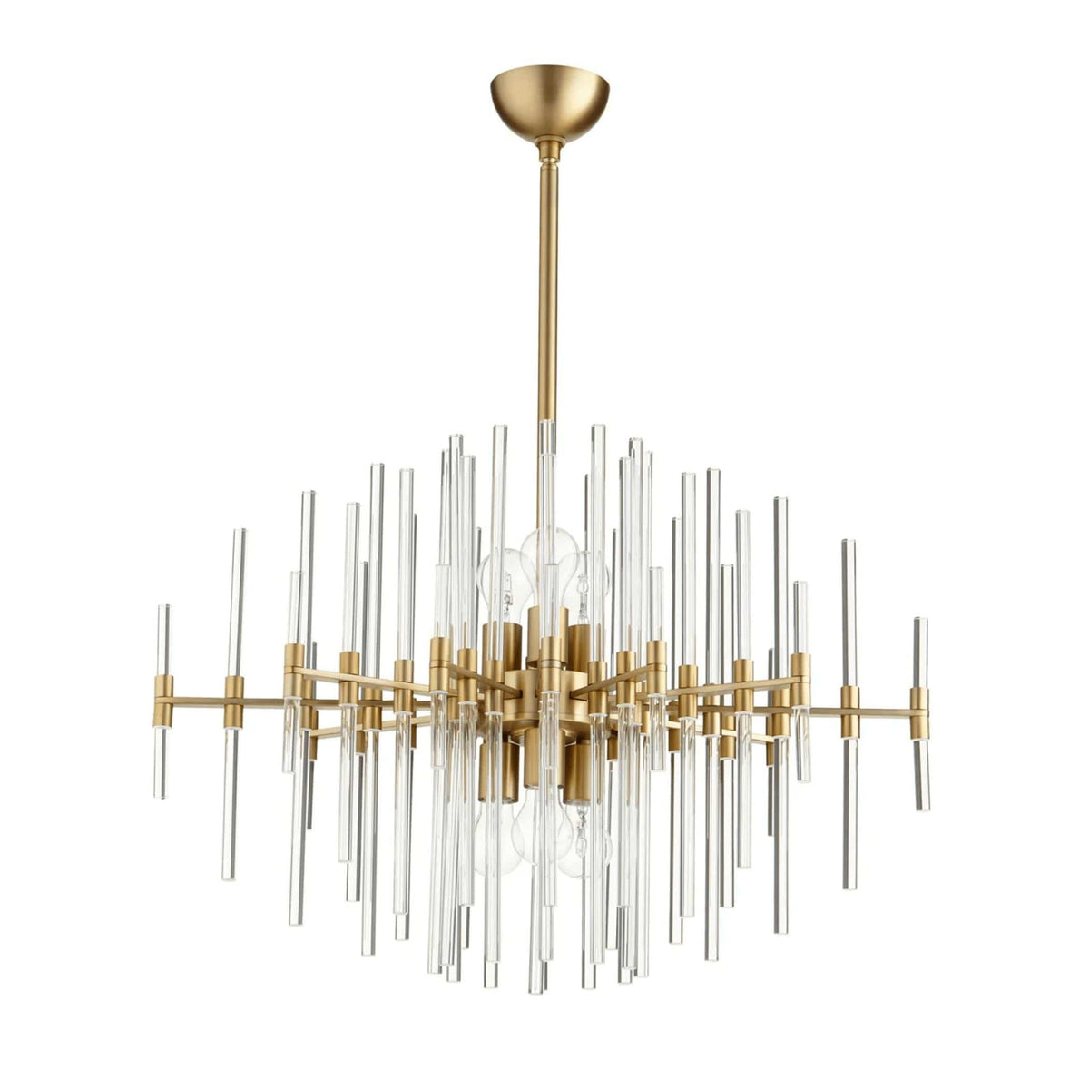 Aged brass chandelier with linear design and varying length glass rods.