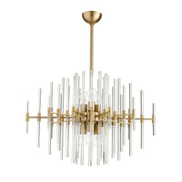 Aged brass chandelier with linear design and varying length glass rods.