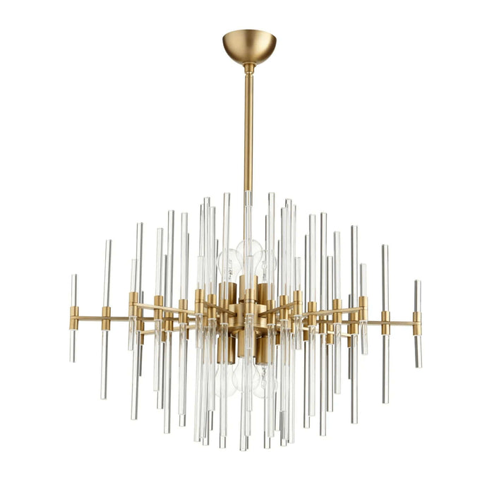 Aged brass chandelier with linear design and varying length glass rods.
