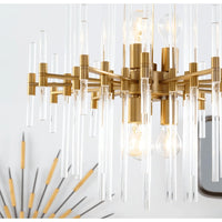 Small Montreal chandelier with aged brass finish and clear glass rods of varying lengths.