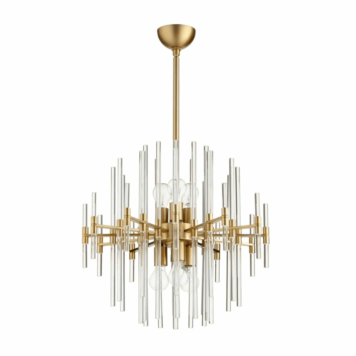 Small Montreal chandelier with aged brass finish and clear glass rods in a linear, geometric design.