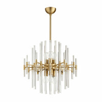 Small Montreal chandelier with aged brass finish and clear glass rods in a linear, geometric design.