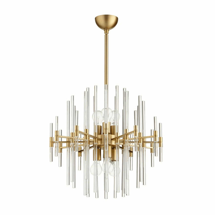 Small Montreal chandelier with aged brass finish and clear glass rods in a linear, geometric design.