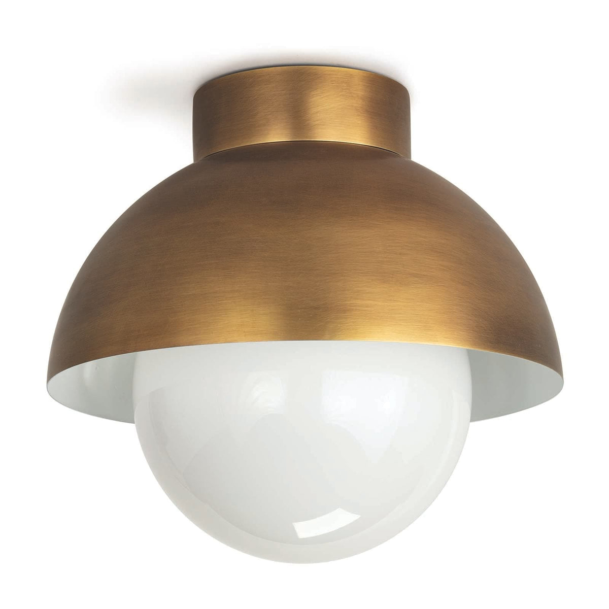 Montreux flush mount light with natural brass dome shade and large opal white glass globe.