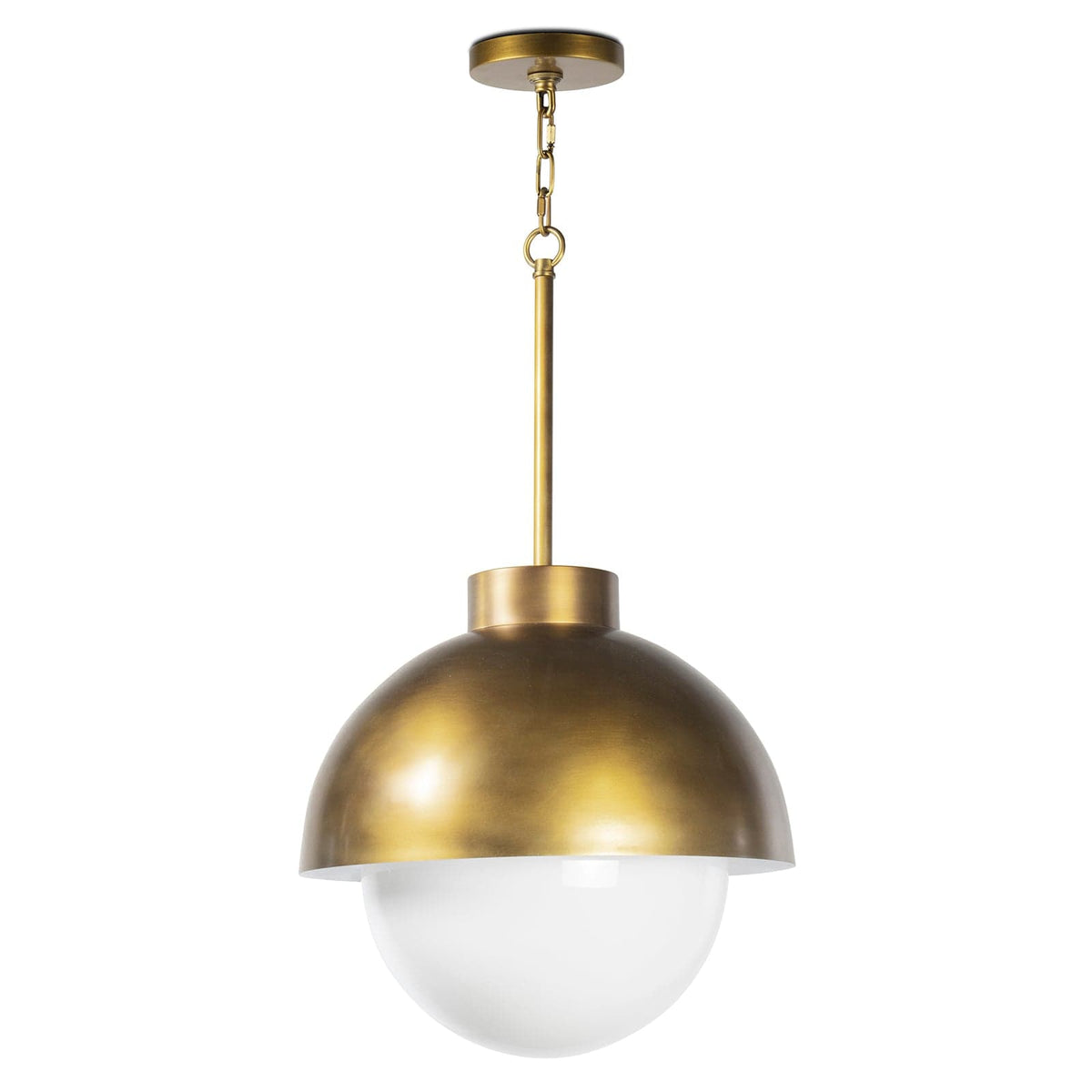 Montreux natural brass pendant with a curved metal shade and opal white glass globe.