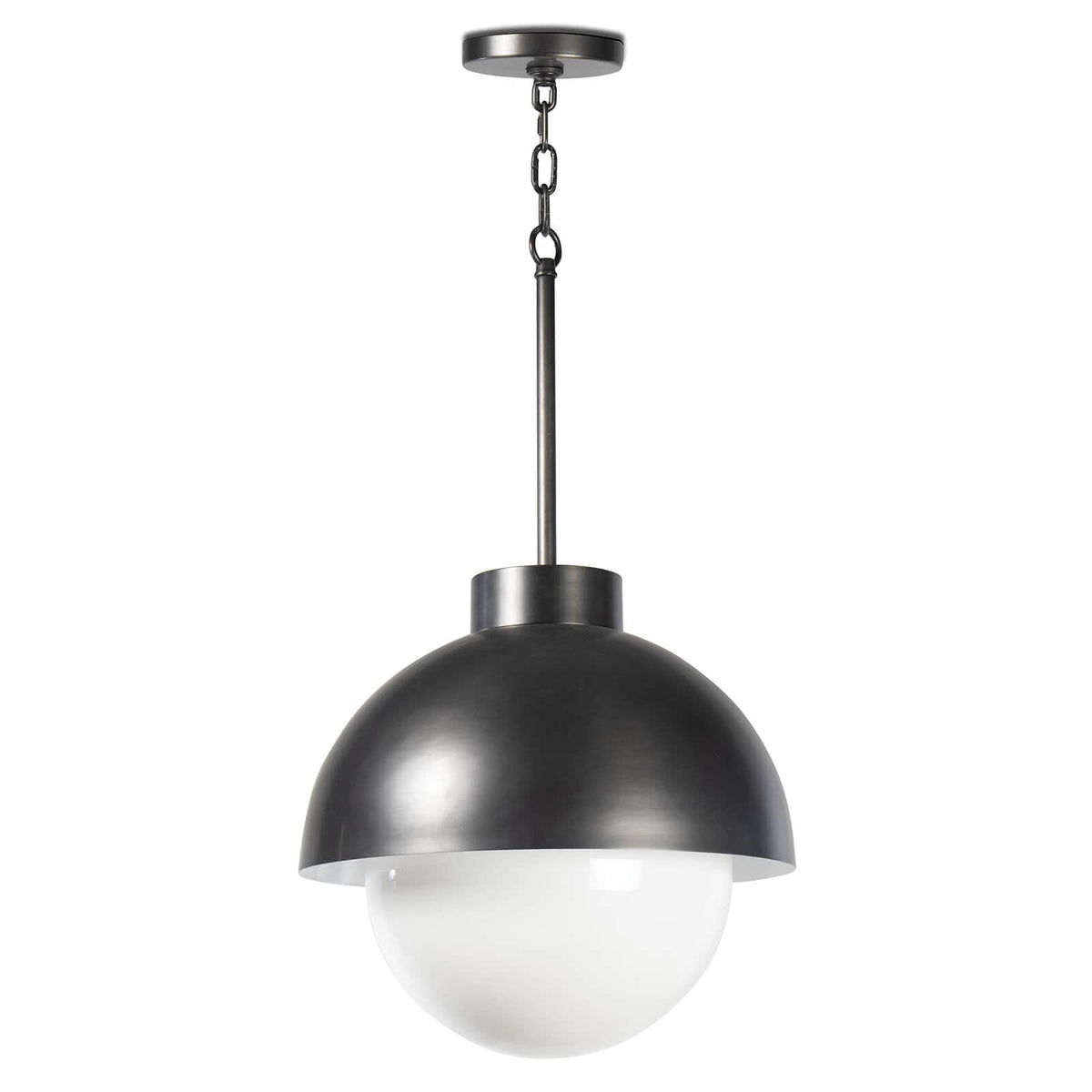 Montreux oil rubbed bronze pendant with a curved metal shade and large opal white glass globe.