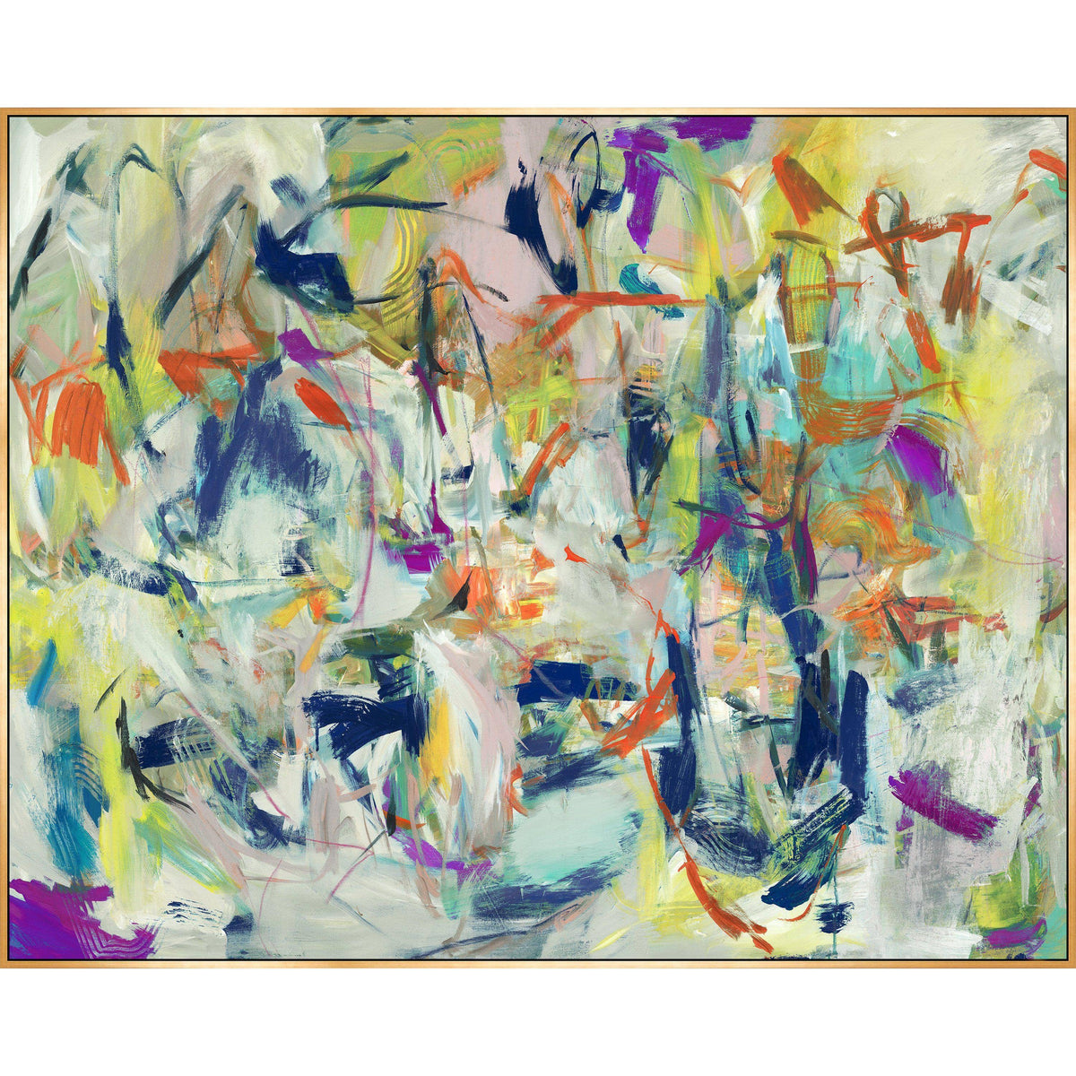 Abstract giclee canvas painting with brush gel finish, featuring vibrant colors and a gold frame.