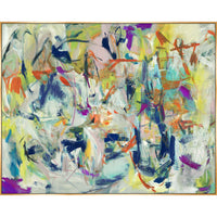 Abstract giclee canvas painting with brush gel finish, featuring vibrant colors and a gold frame.