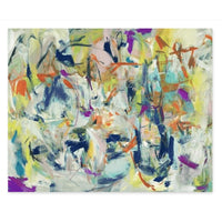 Abstract giclee canvas painting with brush gel finish, featuring vibrant strokes of blue, green, orange, and purple.