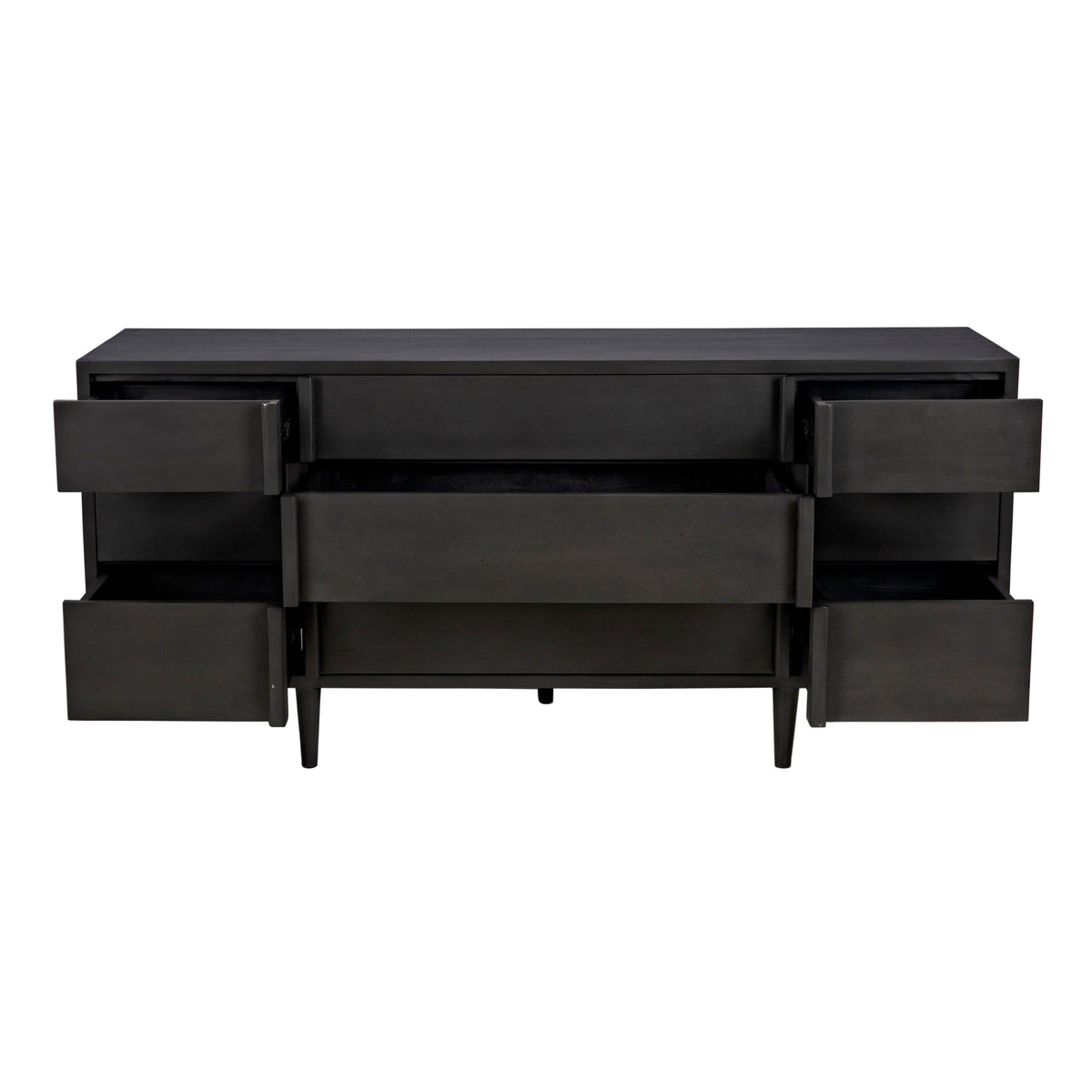 Morten 9-drawer pale black mahogany dresser with clean lines and open drawers.