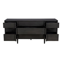 Morten 9-drawer pale black mahogany dresser with clean lines and open drawers.