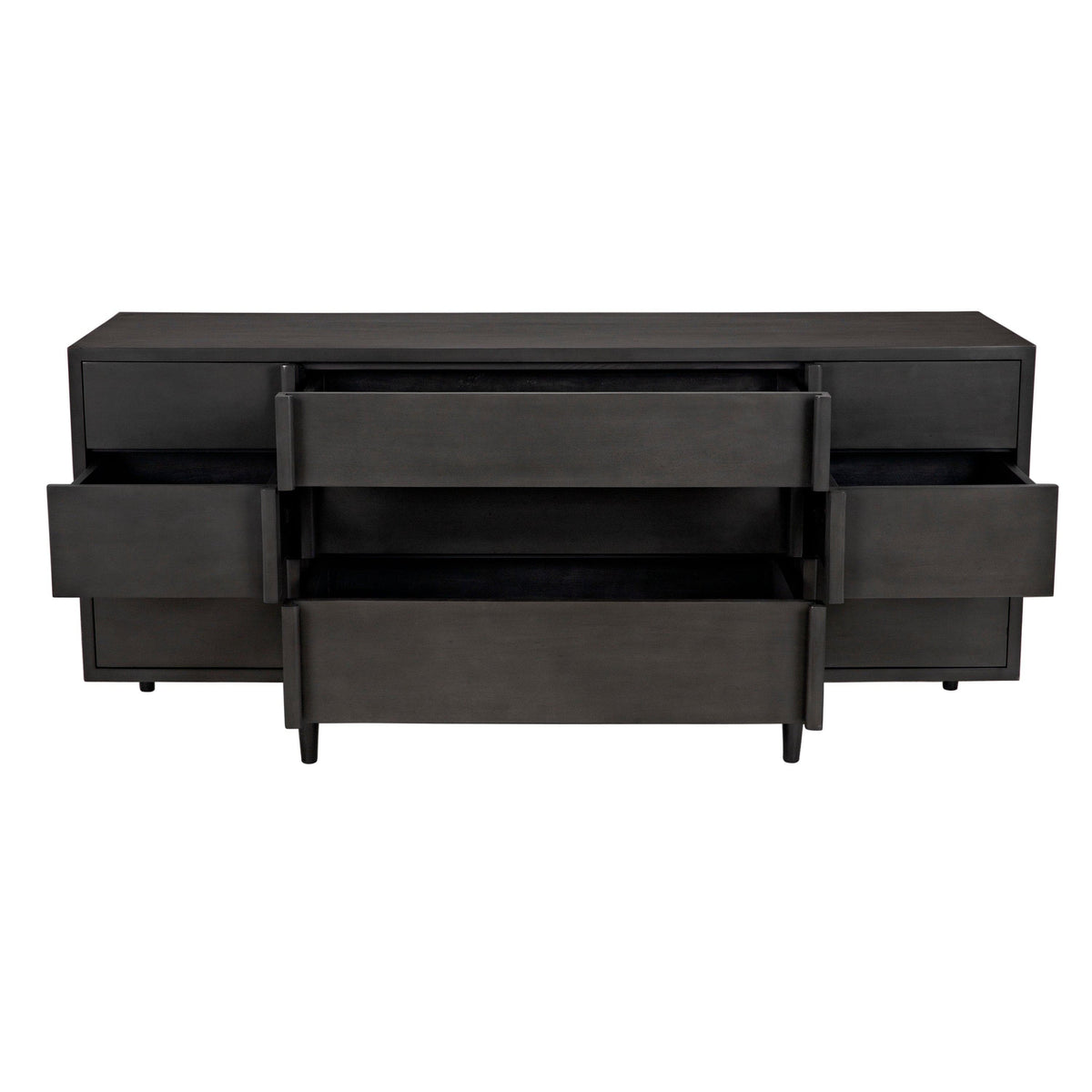 Morten 9-drawer dresser in pale black mahogany with clean lines and open drawers.
