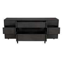 Morten 9-drawer dresser in pale black mahogany with clean lines and open drawers.