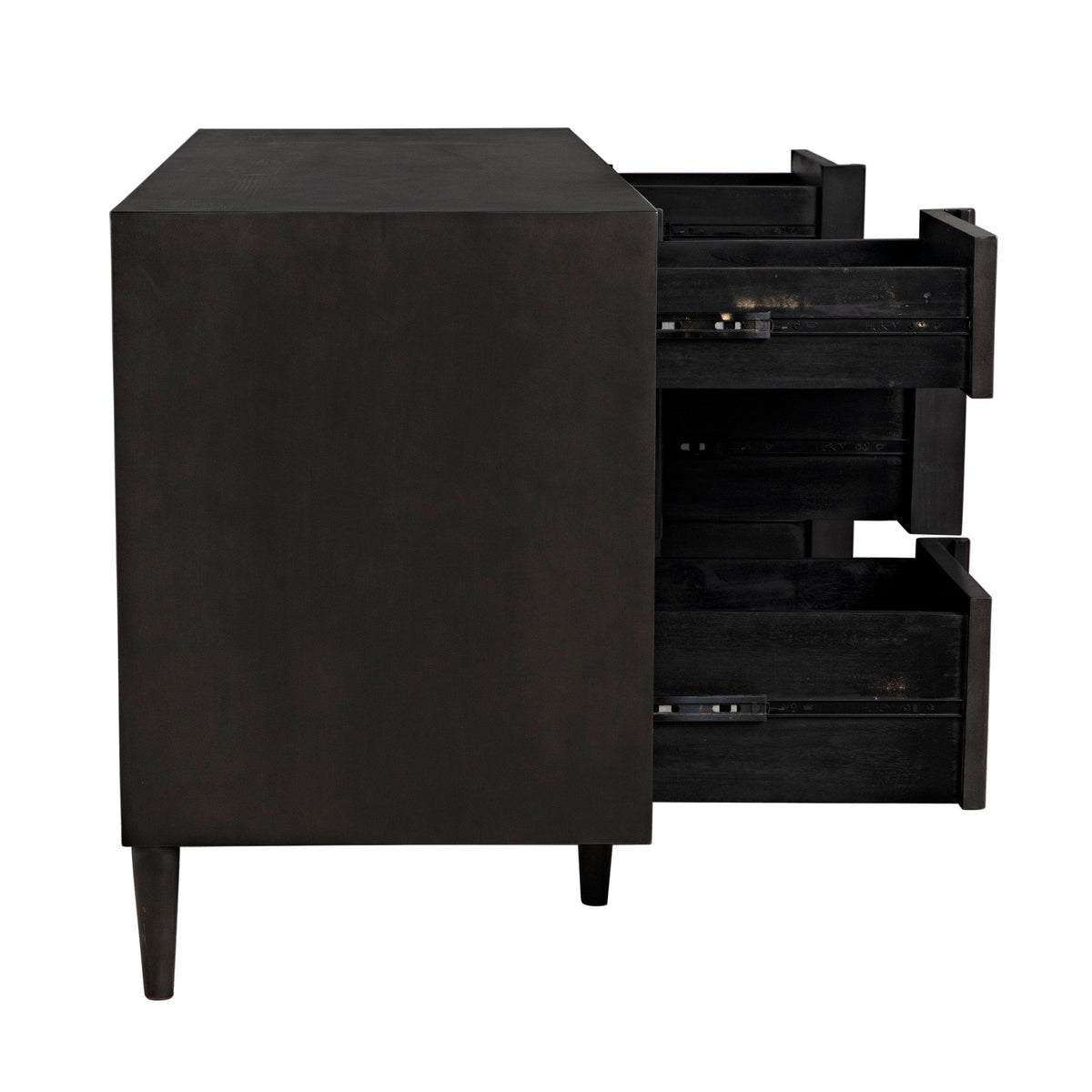 Morten 9-drawer pale black mahogany dresser with clean lines and open drawers.