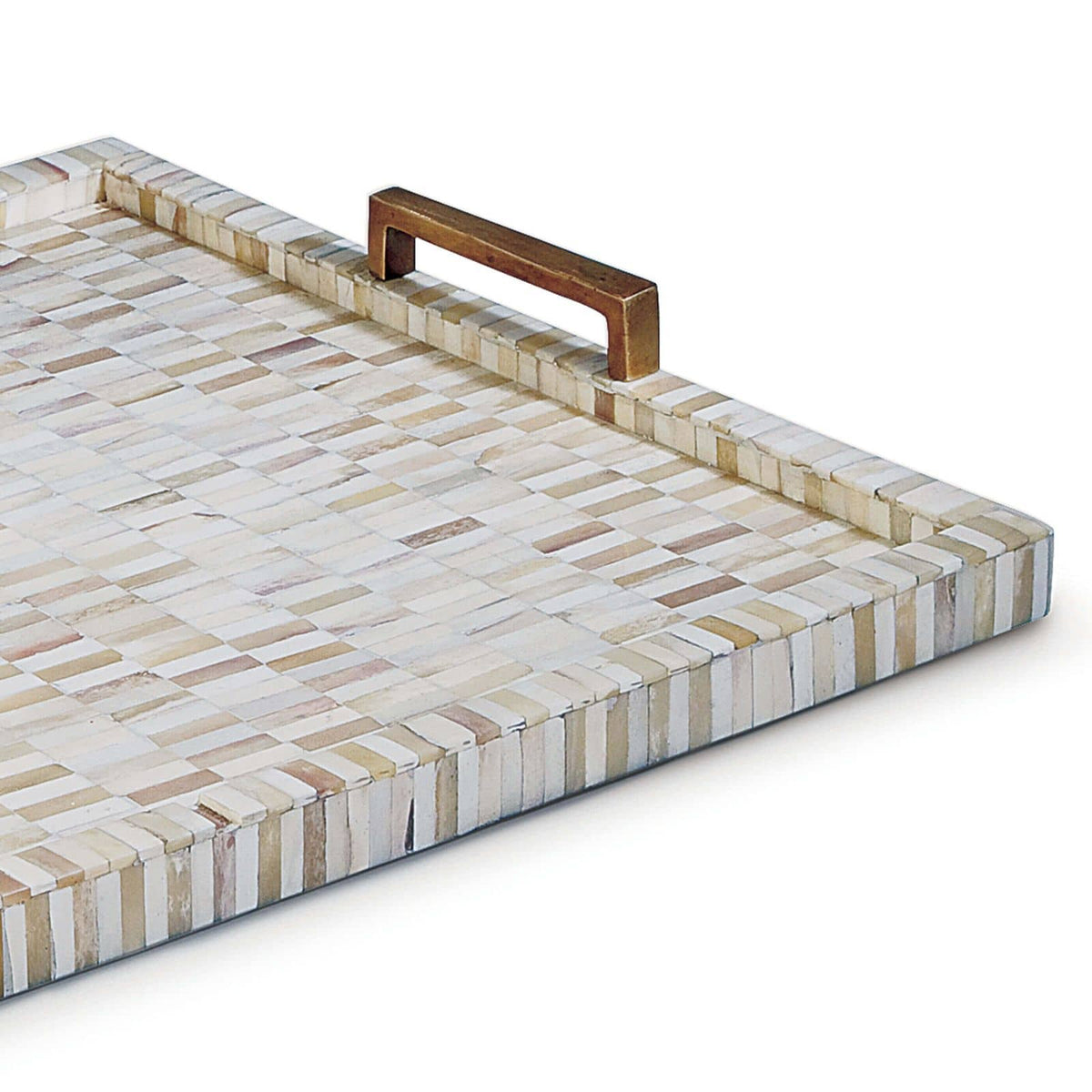 Multi-tone bone and brass tray with a mosaic pattern and natural brass handles.