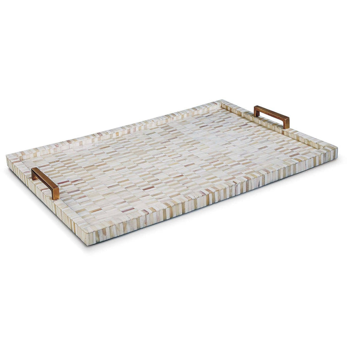 Rectangular multi-tone bone and brass tray with mosaic pattern and natural brass handles.