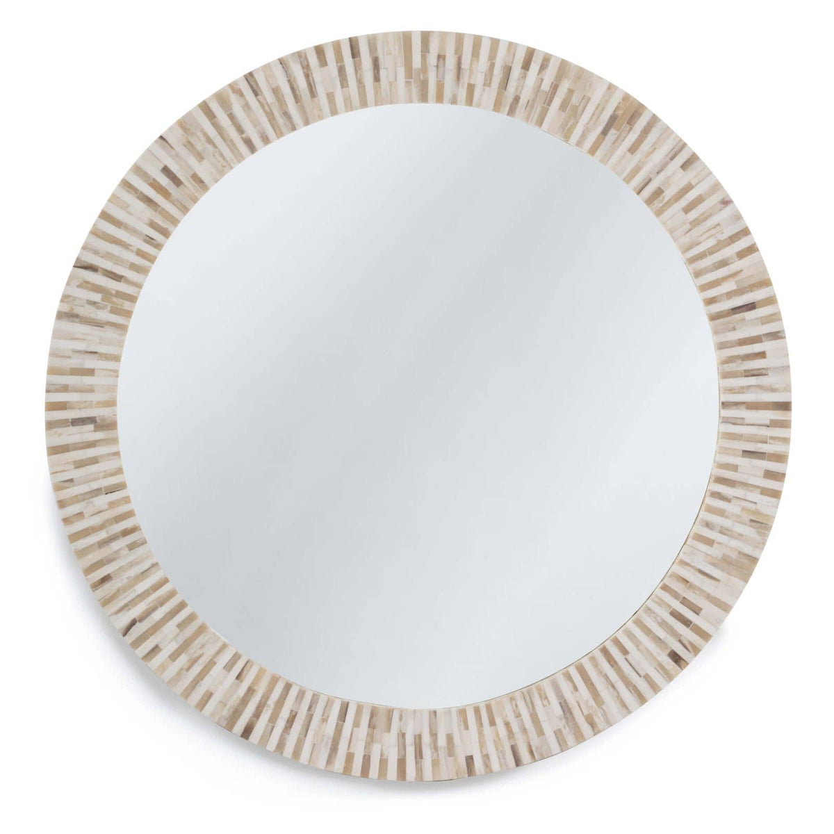 Round multitone bone mirror with slender, handcrafted tile striping.