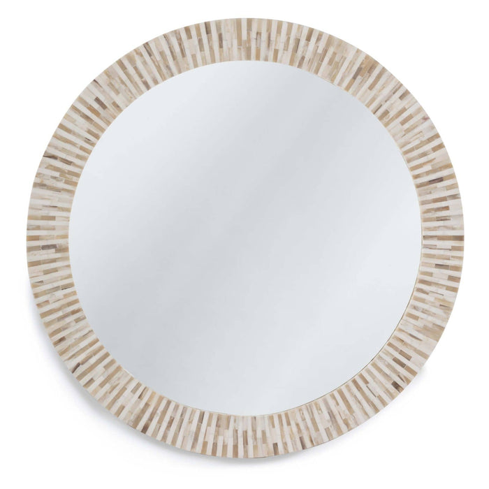 Round multitone bone mirror with slender, handcrafted tile striping.
