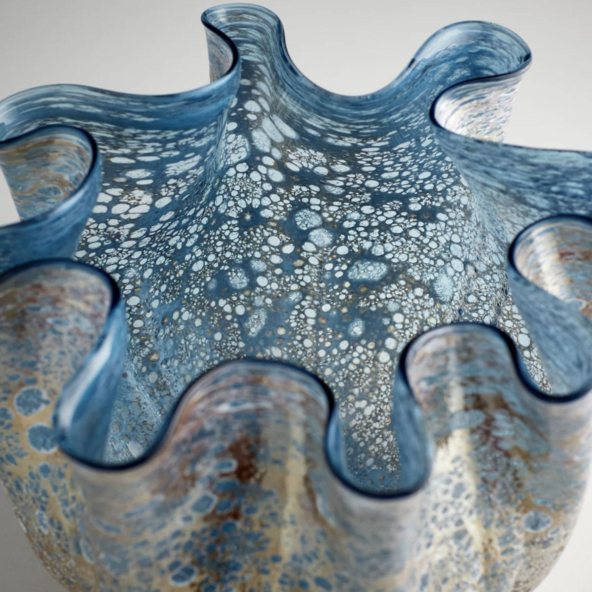 Muse Blue Art Glass Decorative Bowl with soft folds and textured blue, white, and earth-toned finish.