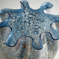 Muse Blue Art Glass Decorative Bowl with soft folds and textured blue, white, and earth-toned finish.
