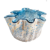 Muse Blue Art Glass Decorative Bowl, teacup-inspired with soft folds, textured blue, white, and earth-toned finish.