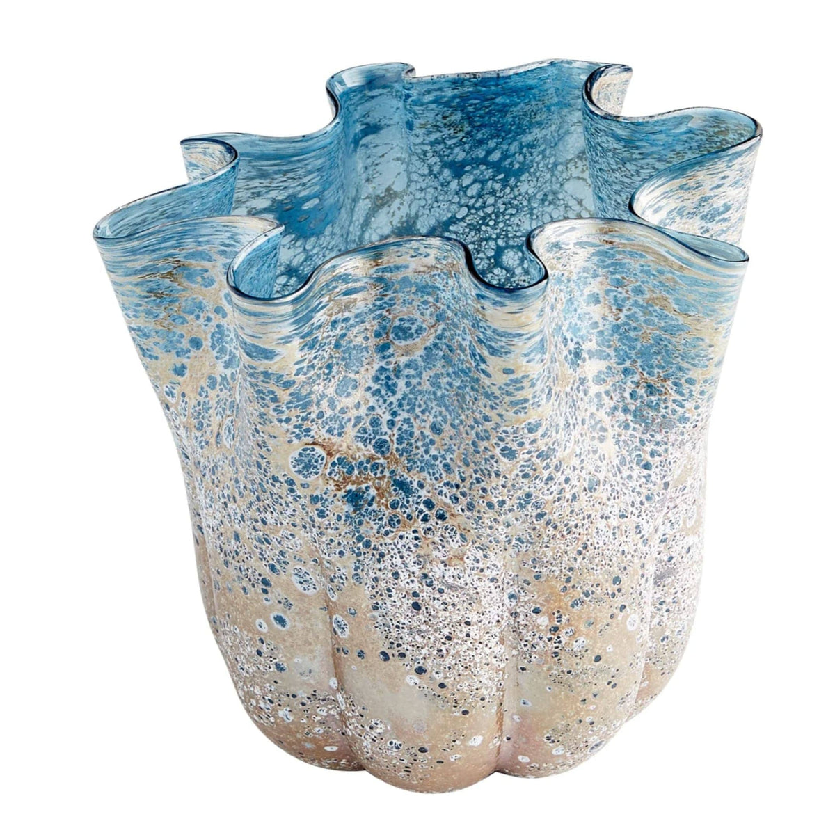 Muse Blue Art Glass Decorative Bowl, teacup-inspired with soft folds and textured blue, white, and earth tones.