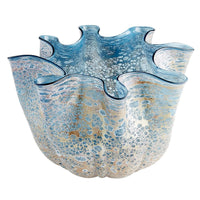Muse Blue Art Glass decorative bowl with soft folds and textured blue, white, and earth-toned finish.
