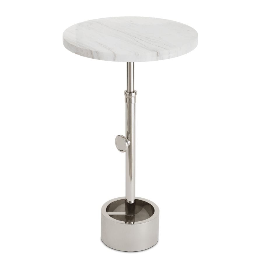 Myles accent table with a round white marble top and a polished silver adjustable-height base.