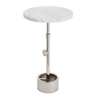 Myles accent table with a round white marble top and a polished silver adjustable-height base.