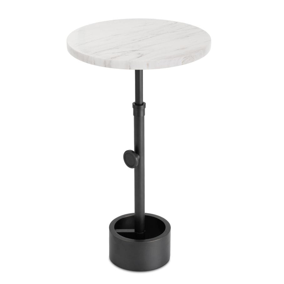 Myles Accent Table with a round white marble top and an adjustable-height black industrial-style base.