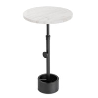 Myles Accent Table with a round white marble top and an adjustable-height black industrial-style base.