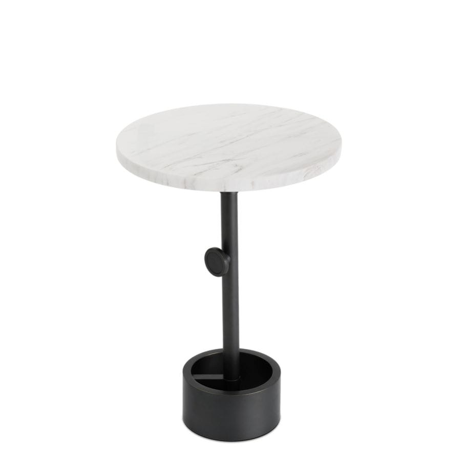 Myles Accent Table with round white marble top and black adjustable-height industrial-style base.