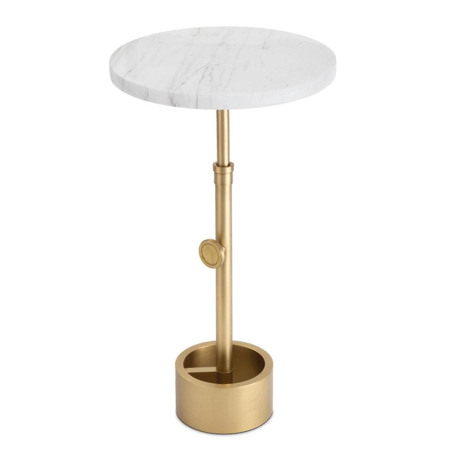 Myles accent table with a round white marble top and an adjustable-height gold industrial-style base.