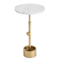 Myles accent table with a round white marble top and an adjustable-height gold industrial-style base.