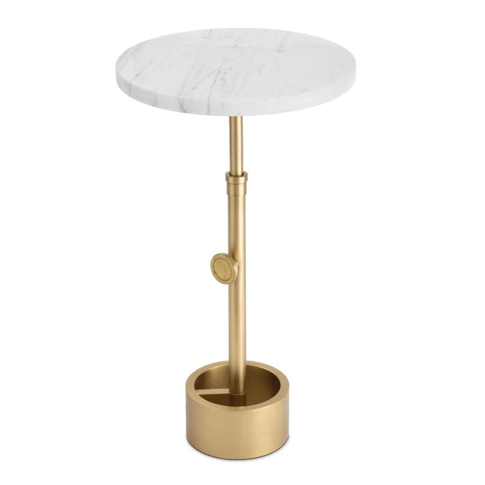 Myles accent table with a round white marble top and an adjustable-height gold industrial-style base.