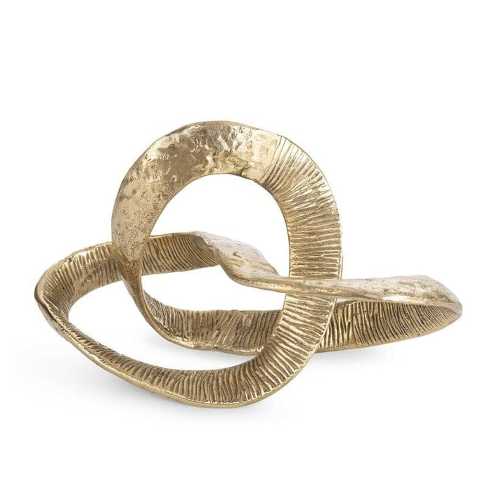 Myriad Infinity Gold Metal Sculpture: Textured solid brass continuous loop, 5.5"H x 12"W.