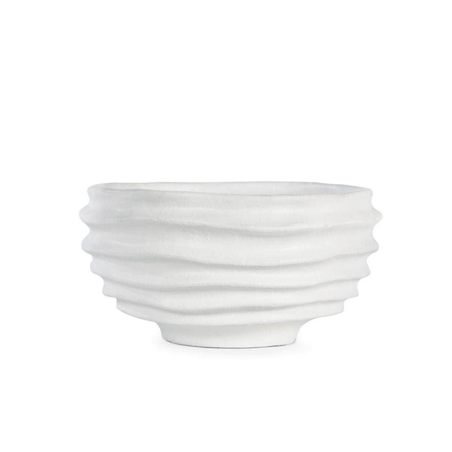 White Nabu Metal Bowl with irregular sculpted grooves and a plaster-like finish.