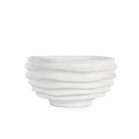 White Nabu Metal Bowl with irregular sculpted grooves and a plaster-like finish.