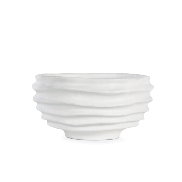 White Nabu Metal Bowl with irregular sculpted grooves and a plaster-like finish.