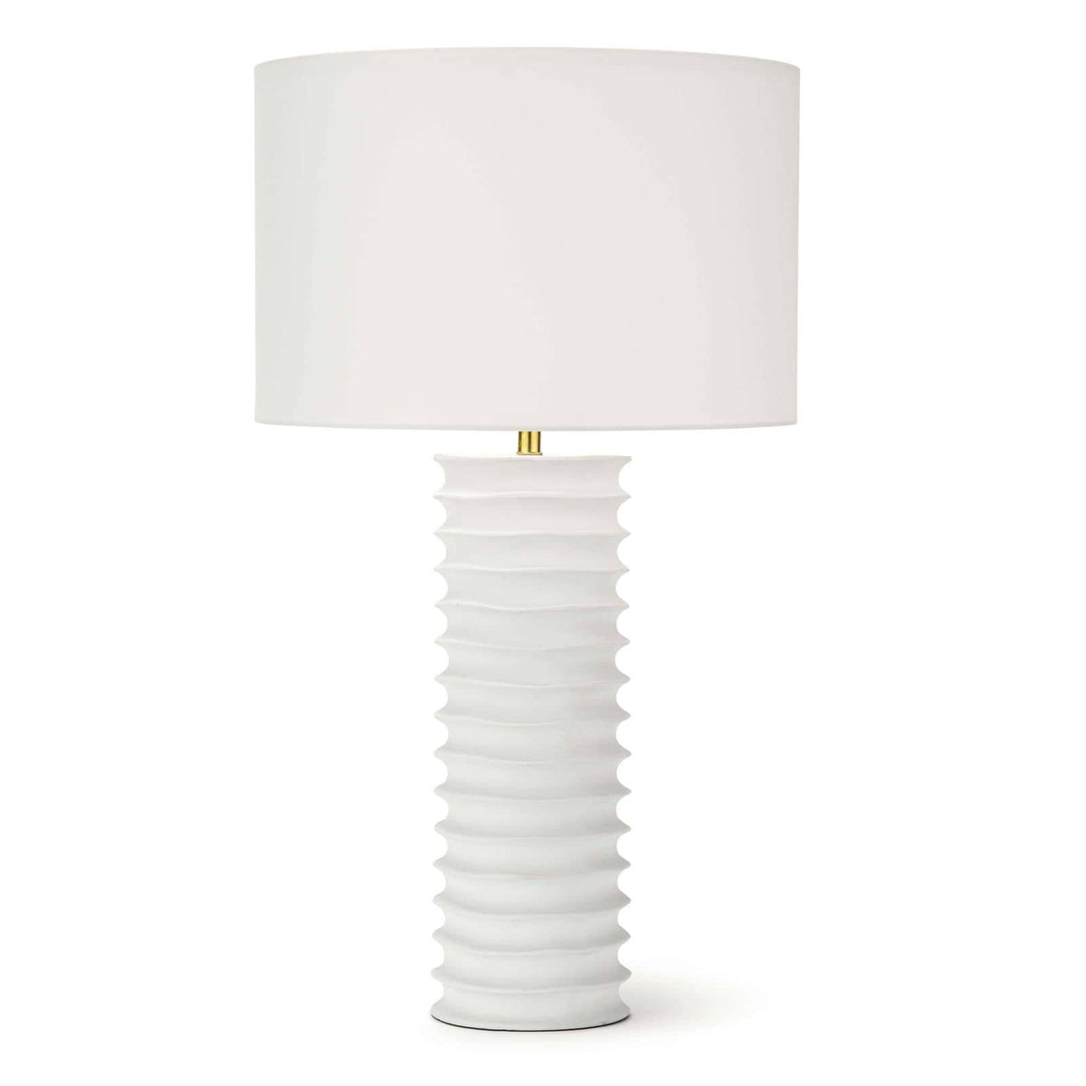 White Nabu metal column table lamp with accordion-like base and linen shade.