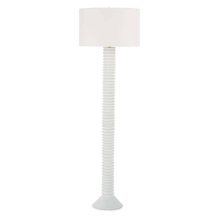 White Nabu Metal Floor Lamp with an accordion-like base and a simple linen shade.