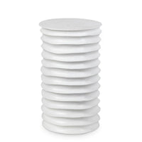 White Nabu Metal Table, drum-shaped aluminum with accordion-like finger grooves.