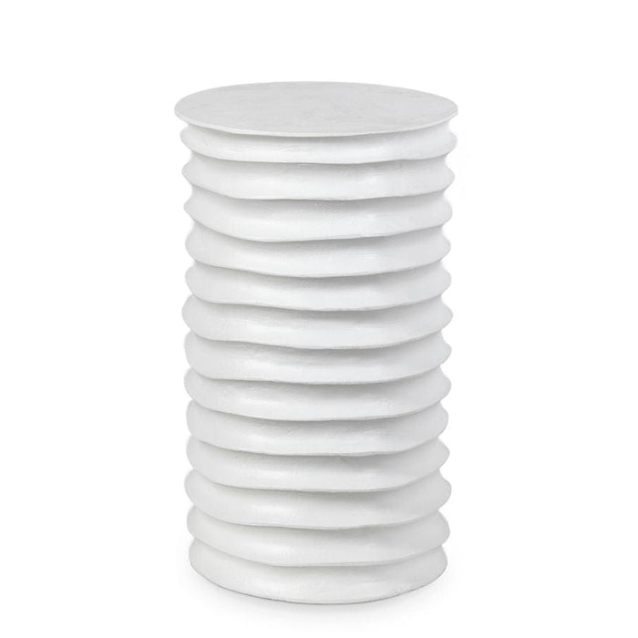 White Nabu Metal Table, drum-shaped aluminum with accordion-like finger grooves.