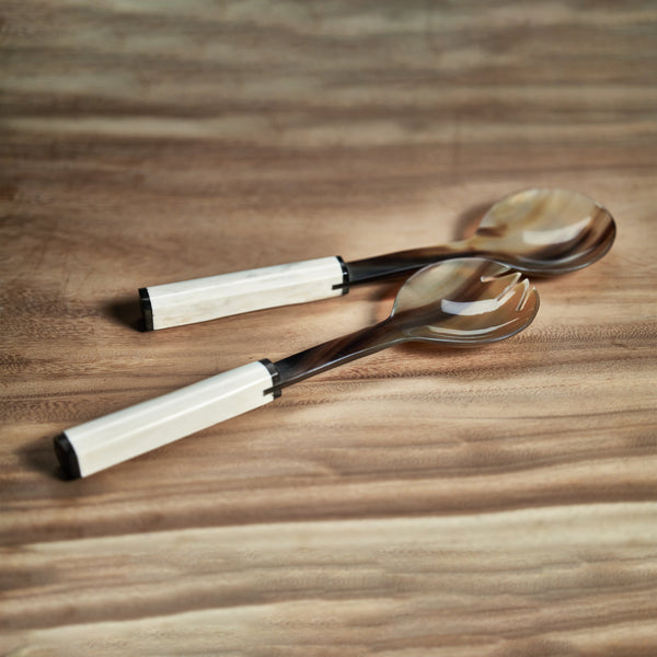 Nadine Horn Salad Server Set Bone Handle - Set Detail | Bone & Brass