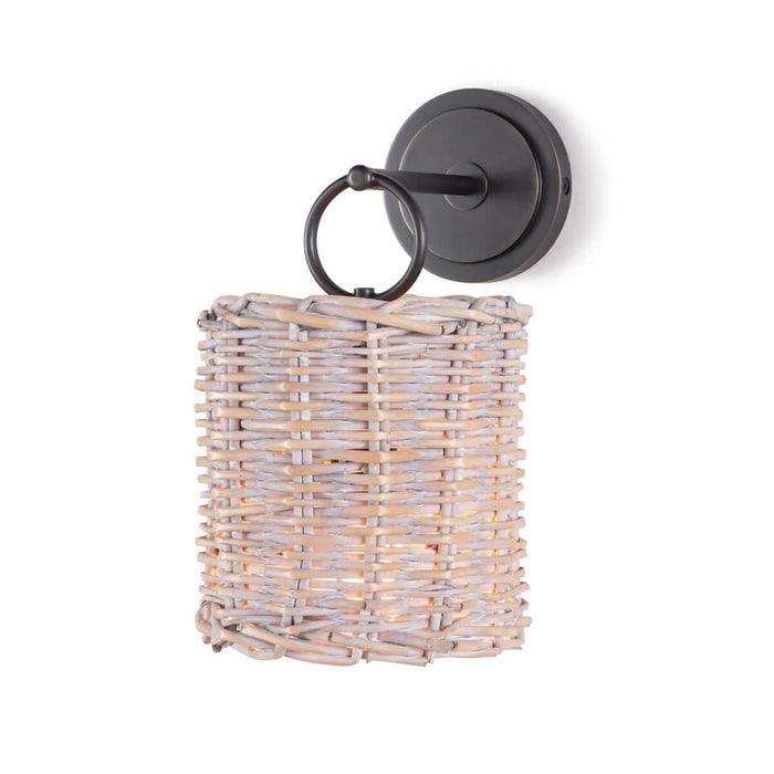 Nantucket sconce with a handwoven rattan basket shade and oil-rubbed bronze backplate.